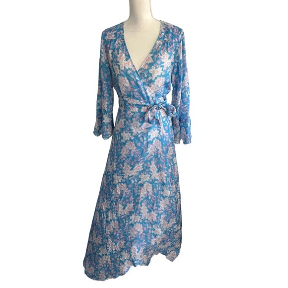 HANNAH Artwear Blue Floral 100% Silk Midi Wrap Dress One / Free Size - Picture 15 of 15